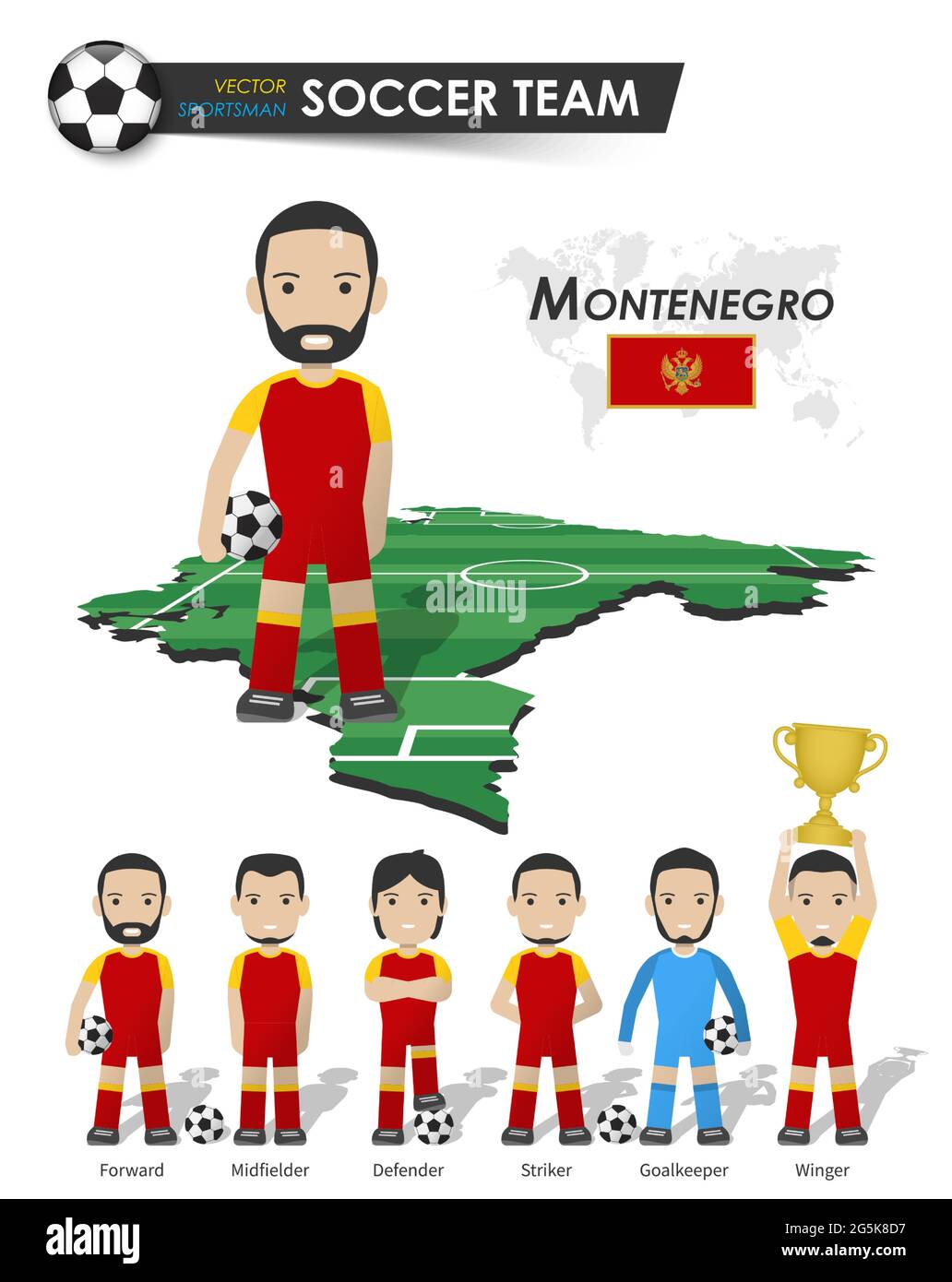 Montenegrinische Fußballnationalmannschaft . Fußballspieler mit Sporttrikot stehen auf Perspective Field Country Map und Weltkarte . Set von Fußballspieler-Position Stock Vektor
