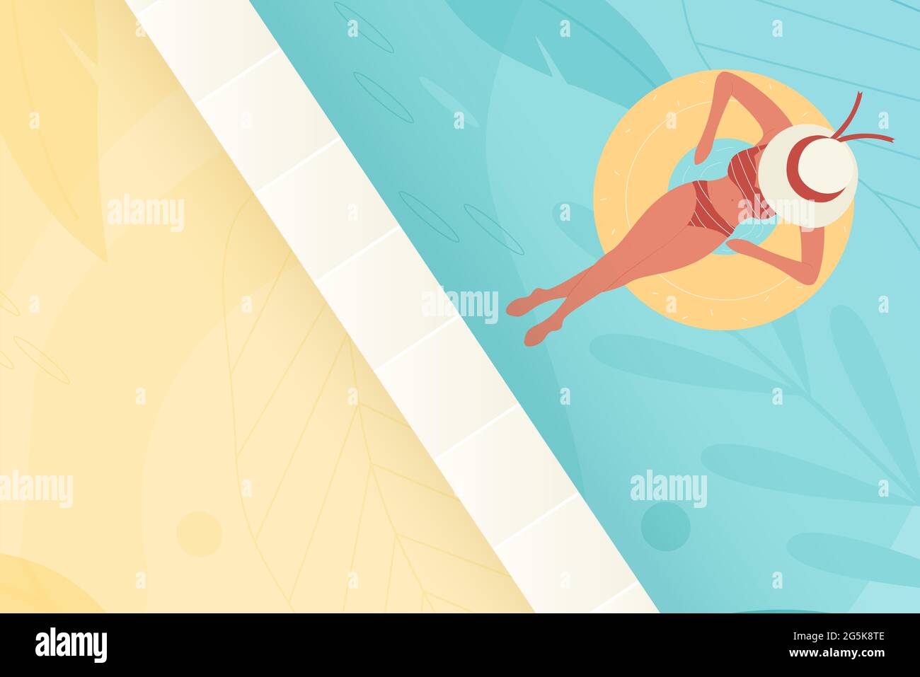 Schwimmbad blaues Wasser mit Mädchen, Sommerurlaub Vektor-Illustration. Cartoon junge Frau Schwimmer Charakter in Bikini Badeanzug und Hut schwimmt auf Gummiring Sommerzeit Draufsicht Hintergrund Stock Vektor