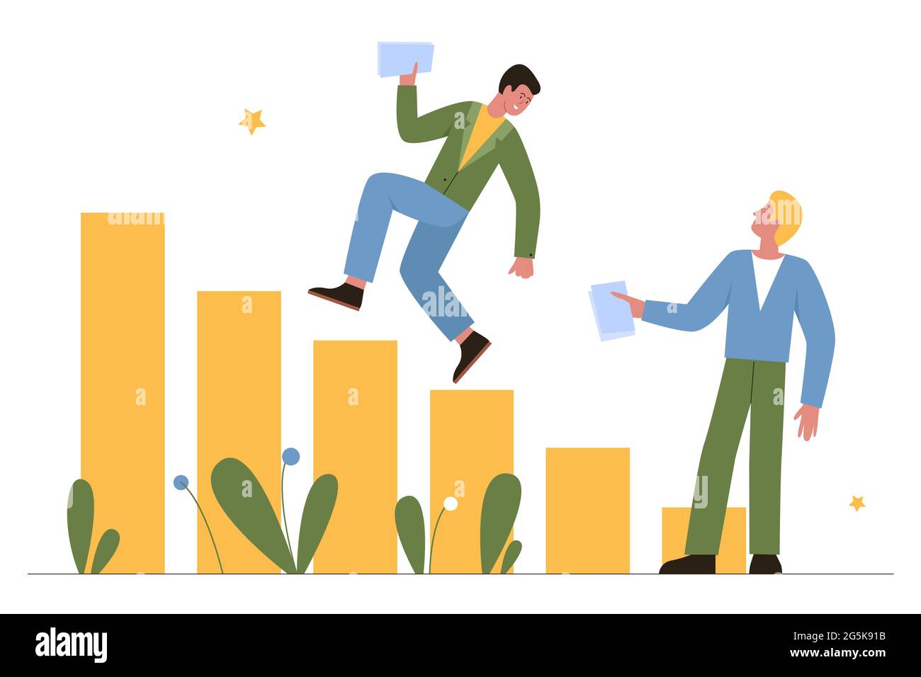Business Analytics, Menschen analysieren Erfolgsstrategie Vektor Illustration. Cartoon glücklich Geschäftsmann Figur läuft wachsenden Diagramm Bericht, Analyse des Wachstums der finanziellen Gewinn isoliert auf weiß Stock Vektor