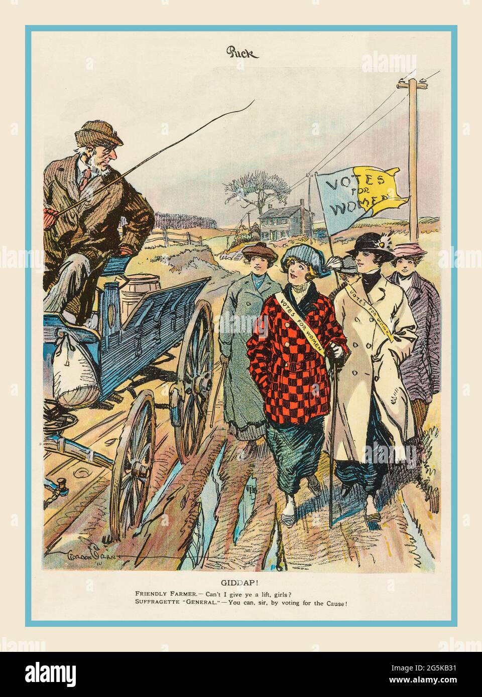 SUFFRAGETTEN. „GIDDAP!“ Illustration Suffragettes von Gordon Grant. Die Abbildung zeigt fünf junge Frauen mit dem Titel „Stimmen für Frauen“, die eine unbefestigte Straße entlang laufen, eine trägt ein Banner mit der aufschrift „Stimmen für Frauen“; ein älterer Bauer hält seinen Wagen an und fragt, ob er ihnen eine Fahrt anbieten kann. Grant, Gordon, 1875–1962, Artist New York: Veröffentlicht von Puck Publishing Corporation, 295-309 Lafayette Street, 14. März 1914. USA Stockfoto