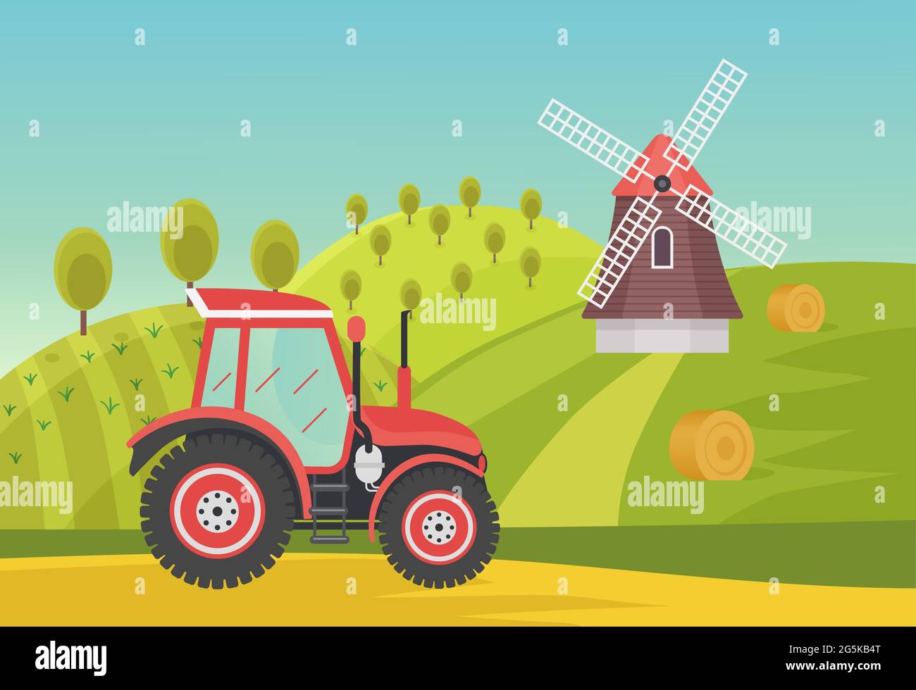 Ranch landwirtschaftlichen Sommer grünen Feldern mit modernen Bauernhof Traktor, agronomischer Vektor-Illustration. Cartoon Landwirtschaft Traktor Maschine arbeitet in ländlichen Dorf Landschaft, Windmühle auf Hügel Hintergrund Stock Vektor
