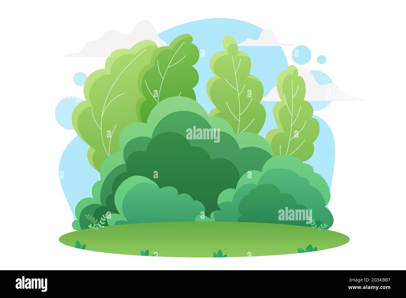 Sommer grünen Wald oder Park Natur Landschaft Vektorgrafik. Cartoon helles Gras Grün in Wiese oder Rasen, natürliche Bäume und Sträucher in Parklandschaft Sommer isoliert auf weiß Stock Vektor