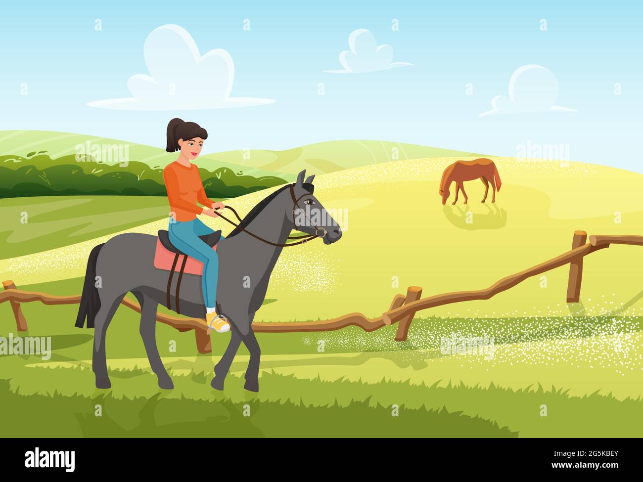 Menschen reiten Pferd im Sommer ländliche Ranch Landschaft Vektor Illustration. Cartoon junge Frau Jockey Reiter Charakter Reiten Pferd Haustier auf grünen Bauernhof Feld, Reiten Sommer Hintergrund Stock Vektor