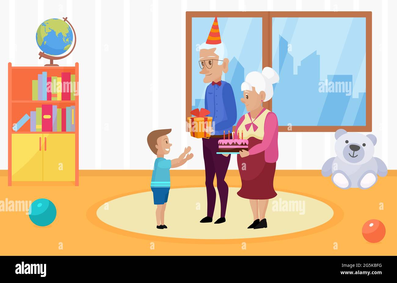 Happy Family feiert Kinder Happy Birthday Vektor Illustration. Cartoon Großmutter Großvater Figuren halten Kuchen mit Kerzen, Geschenk zu Jungen Kind im Kindergarten inneren Hintergrund gratulieren Stock Vektor