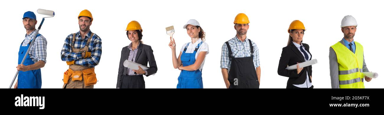 Gruppe von professionellen Bauarbeitern isoliert auf weißem Hintergrund Stockfoto