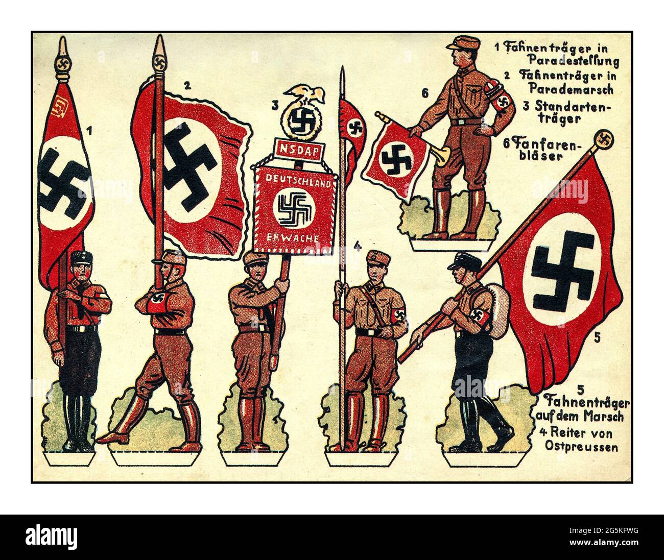 Vintage Nazi-Propaganda Ausschnittpapierfiguren für die verschiedenen Uniformen und Standardträger der NSDAP mit Hakenkreuzflaggen Nazi-Partei Familienpropaganda im Nazi-Deutschland der 1930er Jahre Stockfoto