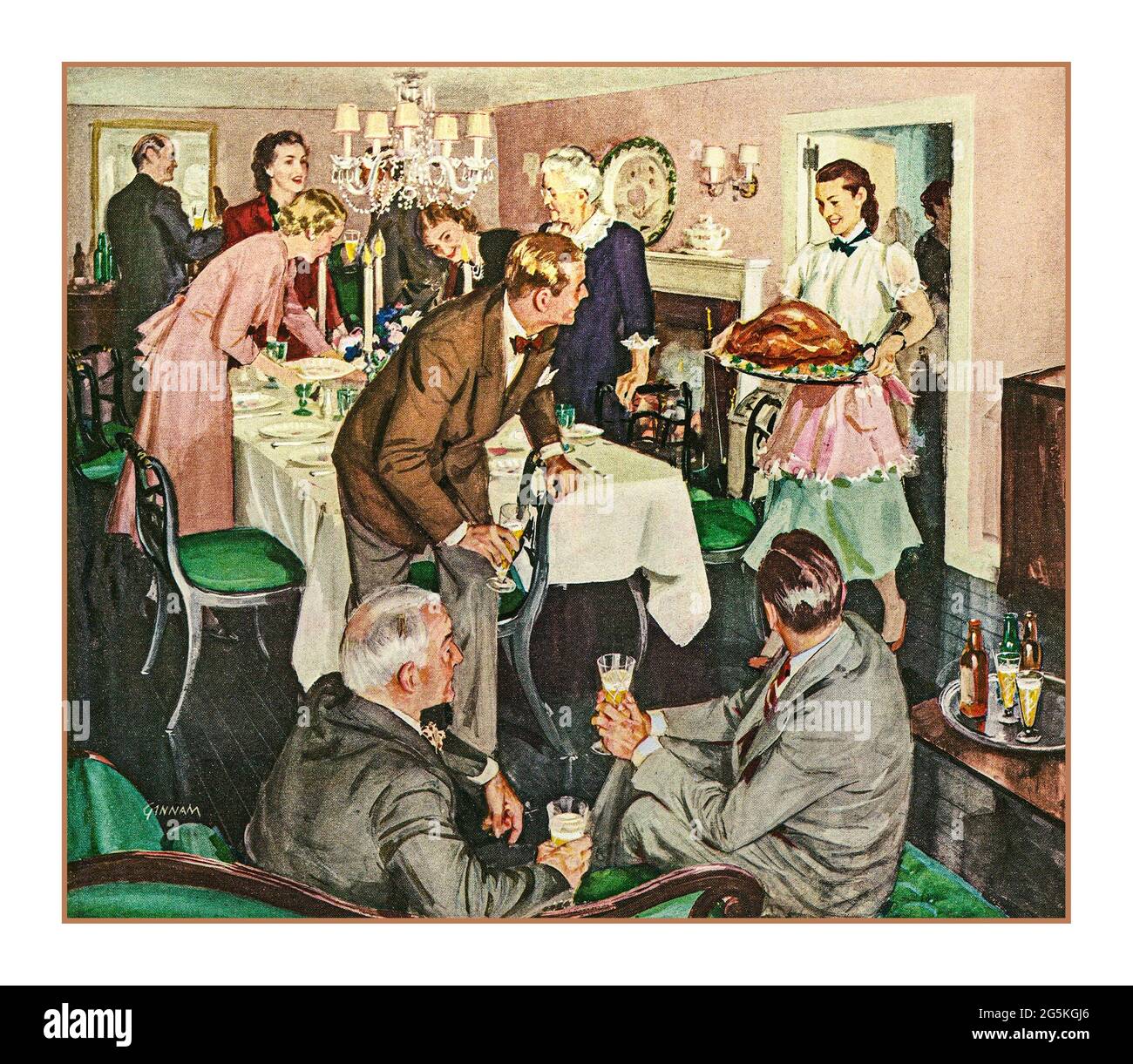 THANKSGIVING 1940er Jahre Vintage American Thanksgiving Turkey Dinner Illustration mit der Präsentation der Türkei an die Gäste. Illustration Des Magazins United States Brewers' Association. Stockfoto