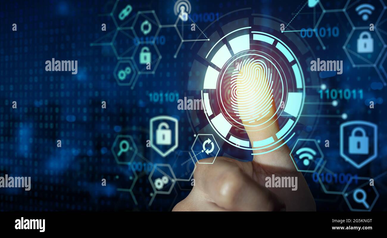 Fingerabdruck-Scan bietet Sicherheitszugriff mit biometrischer Identität und Genehmigung. Zukunft der Sicherheit und Passwortkontrolle durch Fingerabdruck. Stockfoto