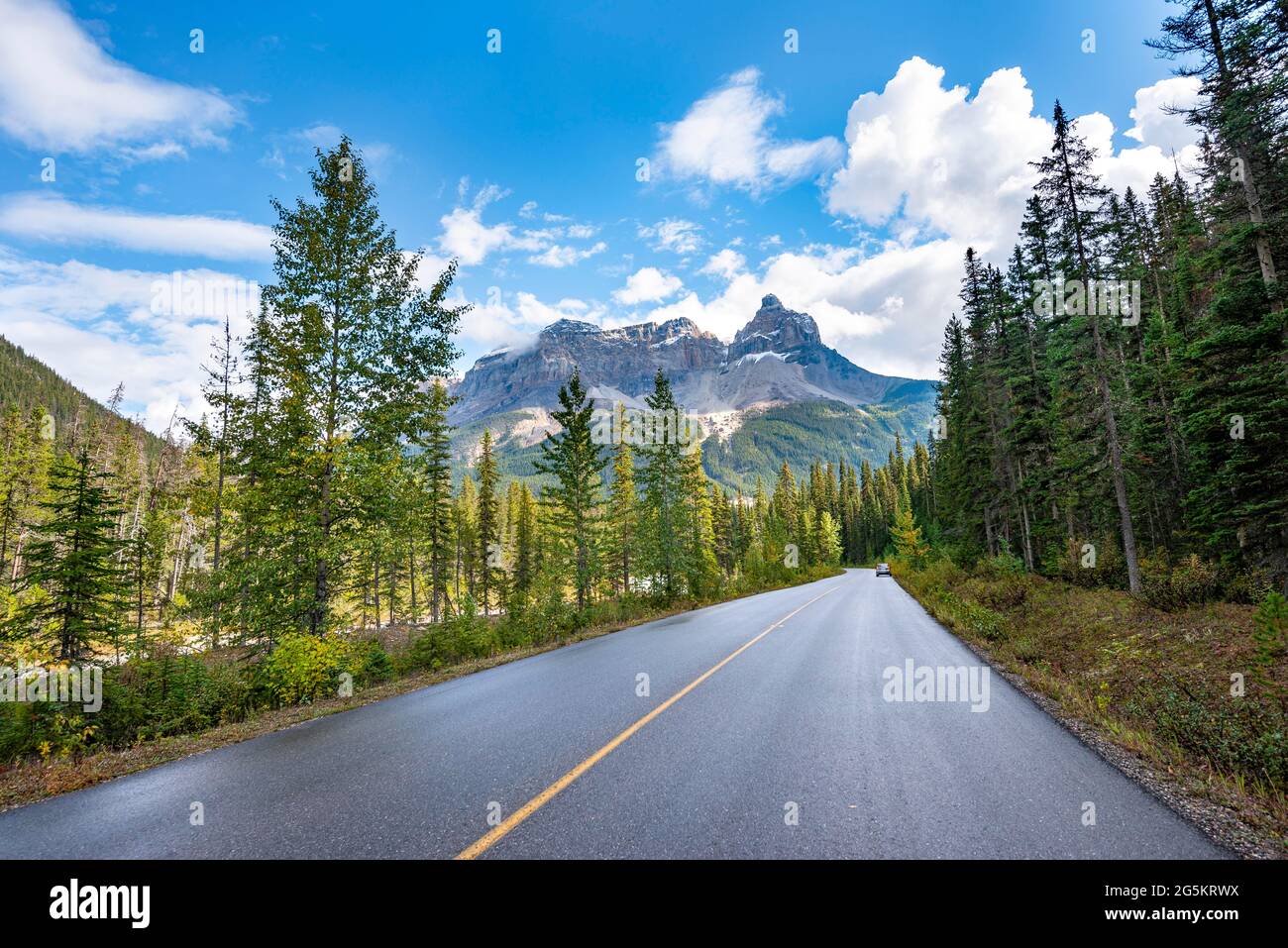 Landstraße Yoho Valley Road, in der hinteren Bergkette mit Berggipfel Cathedral Crags, Rocky Mountains, Yoho National Park, Provinz Alberta, C Stockfoto