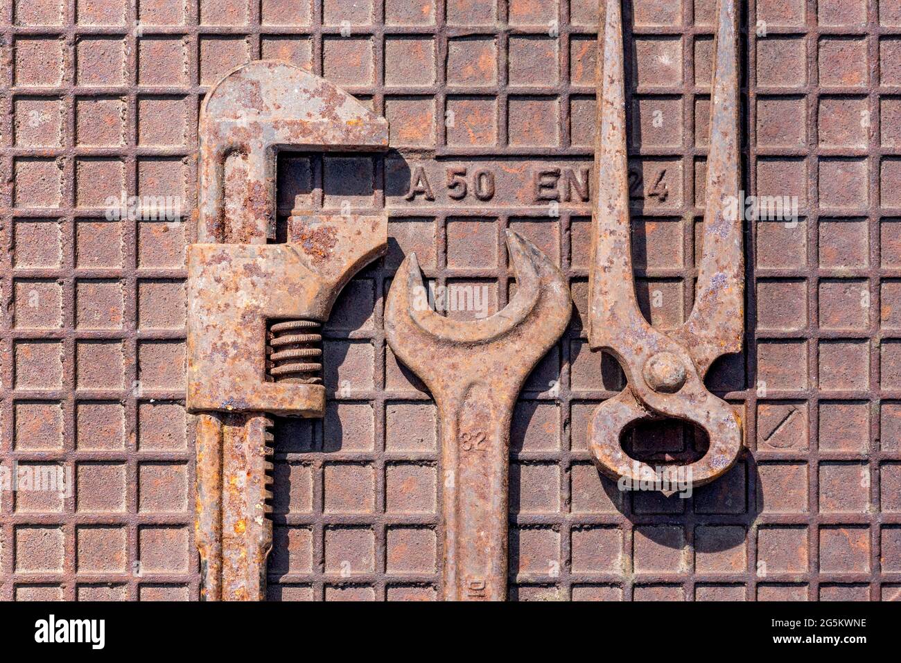 Alter Schraubenschlüssel, Rollgabelschlüssel oder Engländer mit Zange oder Beißzange, rostiges Werkzeug auf rostiger Eisenplatte, Deutschland, Europa Stockfoto
