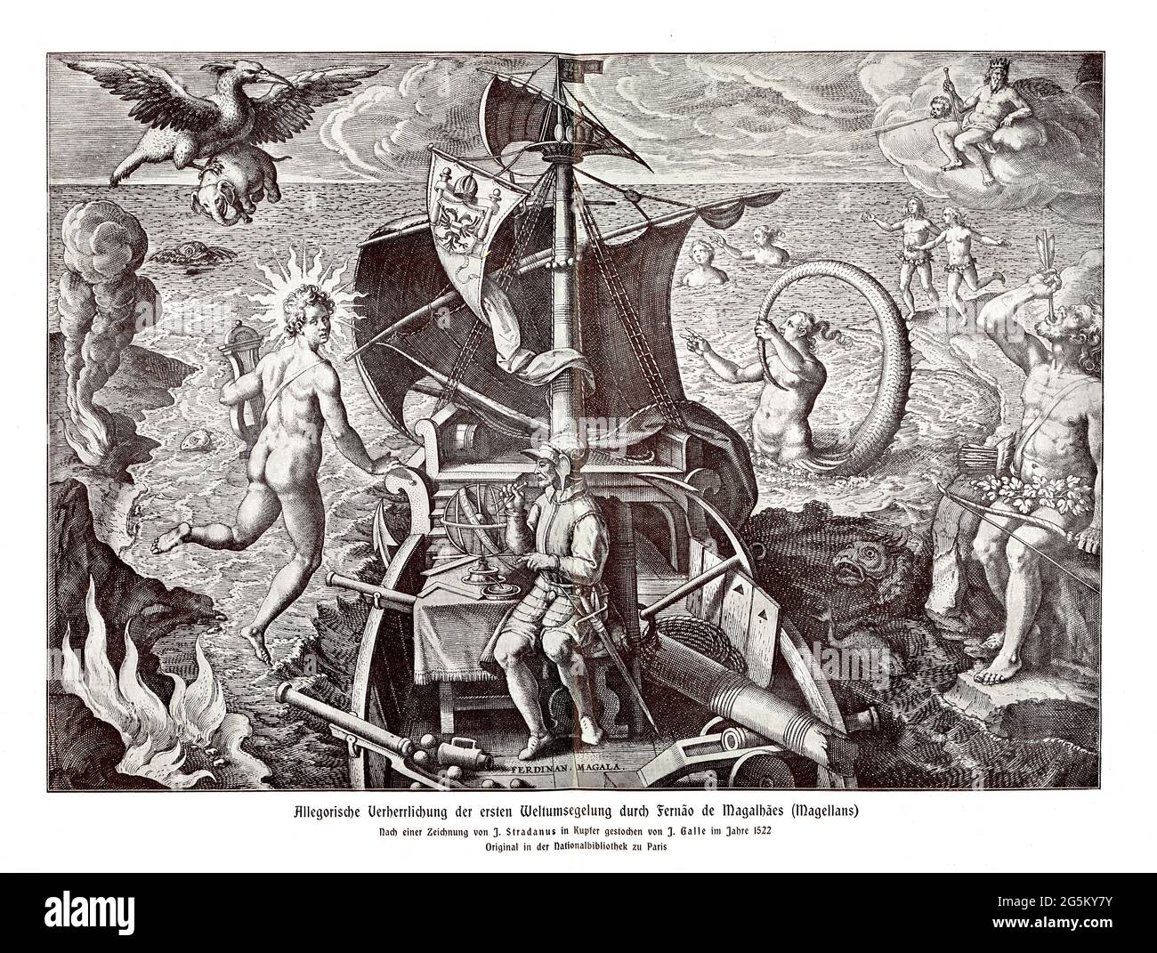 Allegorische Darstellung der ersten Umrundung der Welt durch Fernao de Magalhaes (Fernando/Ferdinand Magellan), nach einer Zeichnung von J, Stradanus Stockfoto