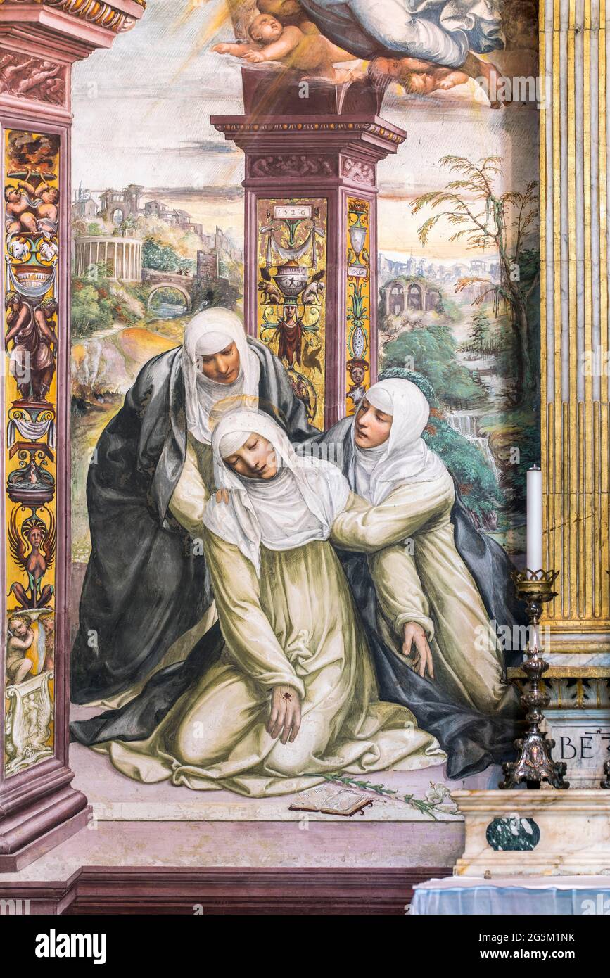 Ohnmacht der heiligen Katharina, Fresko von Giovanni Antonio Bazzi, genannt Sodoma, Cappella di Santa Caterina, Kapelle der heiligen Katharina, Basilica di San Domen Stockfoto