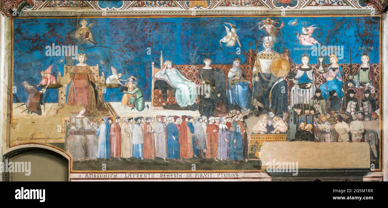 Die gute Regierung, 1337-1339, Fresko von Ambrogio Lorenzetti, Sala della Pace im Palazzo Pubblico, Siena, Toskana, Italien, Europa Stockfoto