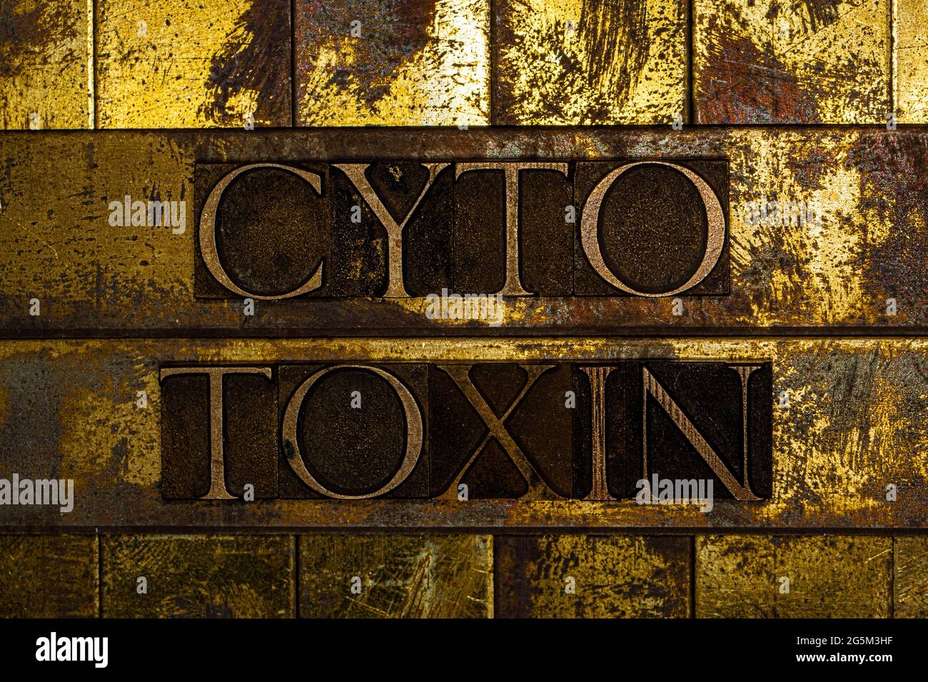 Cytotoxin-Text auf Vintage-texturiertem Grunge-Kupfer- und Goldhintergrund Stockfoto