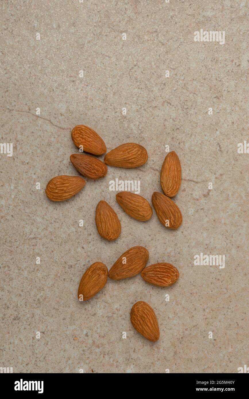 Geschälte Mandeln. Nusshintergrund, vertikales Foto, Mandeln in der Draufsicht in einer Untertasse und verstreut. Platzieren, um Text oder Design einzufügen. Stockfoto
