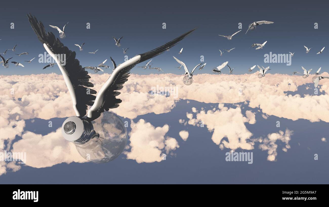 Geflügelte Ideen fliegen in den Himmel. 3d-Rendering. Stockfoto