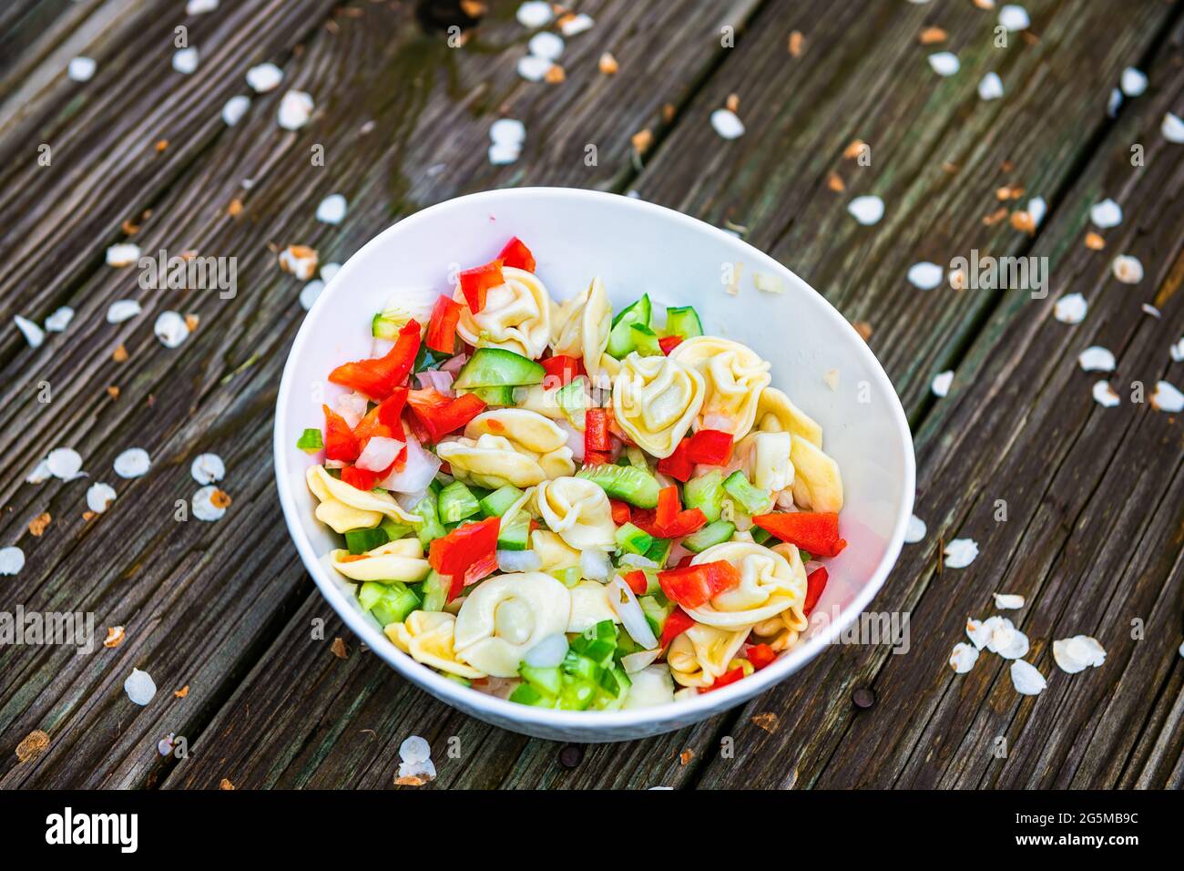 Tortellini Pasta-Salat auf der Holzterrasse mit Kirschblüten auf dem Boden und Gurken-Paprika-Scheiben in einer Schüssel Stockfoto