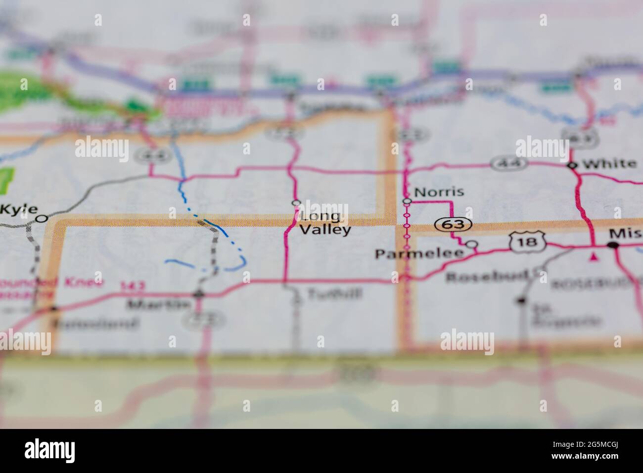 Long Valley South Dakota USA auf einer Geografie- oder Straßenkarte angezeigt Stockfoto
