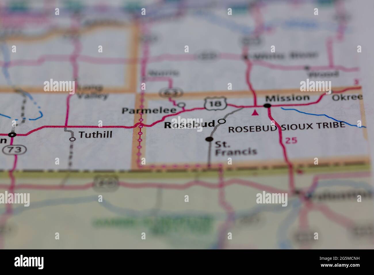 Rosebud South Dakota USA auf einer Geografie- oder Straßenkarte angezeigt Stockfoto