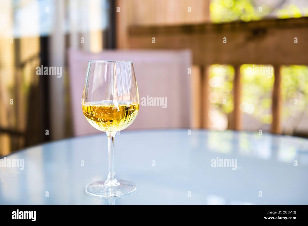 Nahaufnahme von alkoholhartem Apfelwein mit gelbem Farbgetränk und kohlensäurehaltigen Blasen als Sekt im Glas aus der Cideerie in Virginia Stockfoto