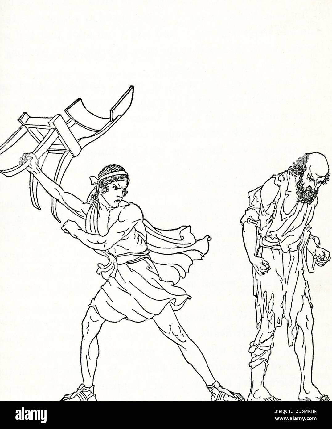 Dieses Bild zeigt die Rückkehr des Odysseus. Nach der griechischen Legende, die Homer in der „Odyssee“ erzählt hat, fand er, als der Held Odysseus nach Ithaca aus dem Trojanischen Krieg zurückkehrte, einer Reise, die ihn 20 Jahre lang in Anspruch genommen hatte, seinen Palast überrannt vor Freiern, die um die Hand seiner Frau wetteiferten. Hier bereitet sich der Freier Antinoos darauf vor, Odysseus (in Gestalt eines Bettlers) mit einem Fußhocker zu schlagen. Stockfoto