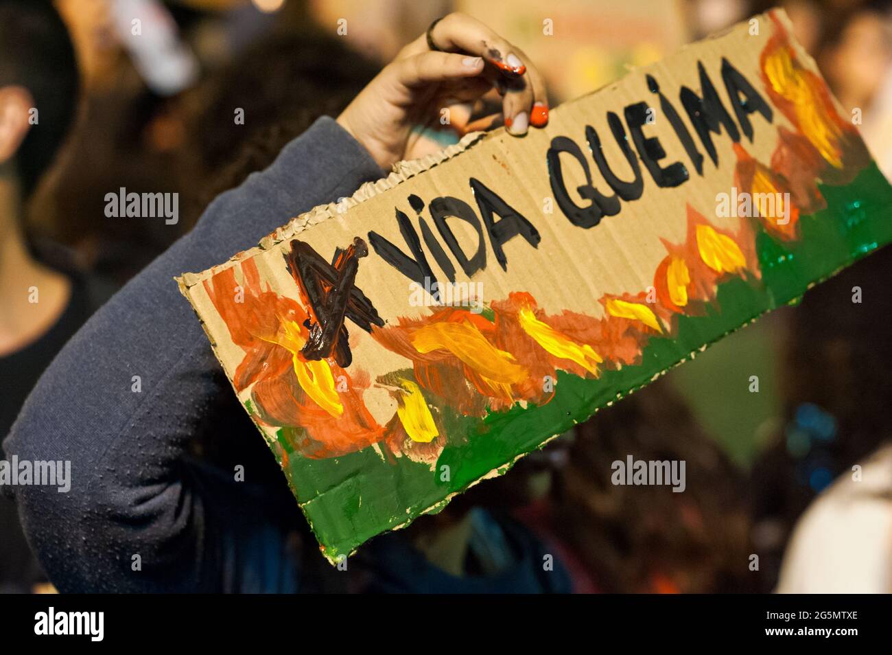 Rio de Janeiro, Brasilien - 23. August 2019: Eine Frau hält ein Plakat mit der Aufsage „das Leben brennt“ während eines Protestes gegen die Waldbrände im Amazonas. Stockfoto
