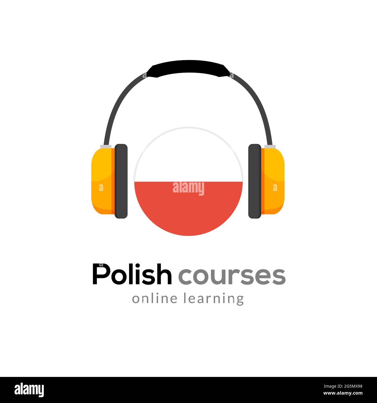 Logo-Symbol für den Sprachunterricht auf Polnisch mit Kopfhörern. Kreative polnische Klasse fließend Konzept sprechen Test und Grammatik Stock Vektor