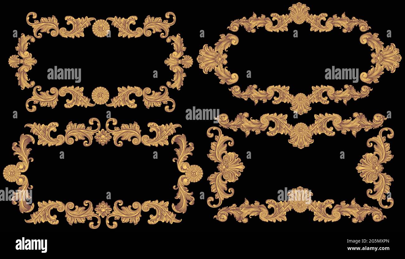 Dekorative Zierrahmen im Vintage-Stil. Design-Set. Editierbare handgezeichnete Illustration. Vektorgravur. Isoliert auf schwarzem Hintergrund. 8 EPS Stock Vektor