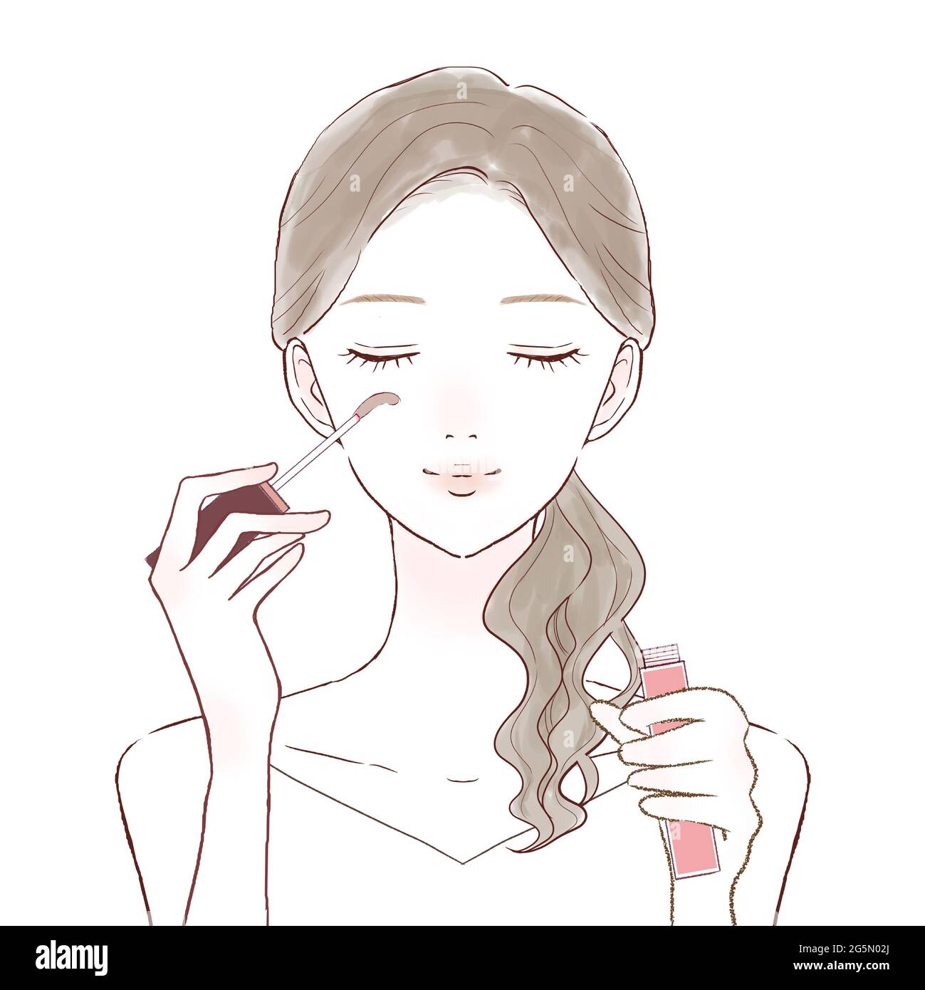 Eine Frau, die aufwächst, indem sie Wimpern-Serum auf ihre Wimpern aufgibt. Auf weißem Hintergrund. Stockfoto