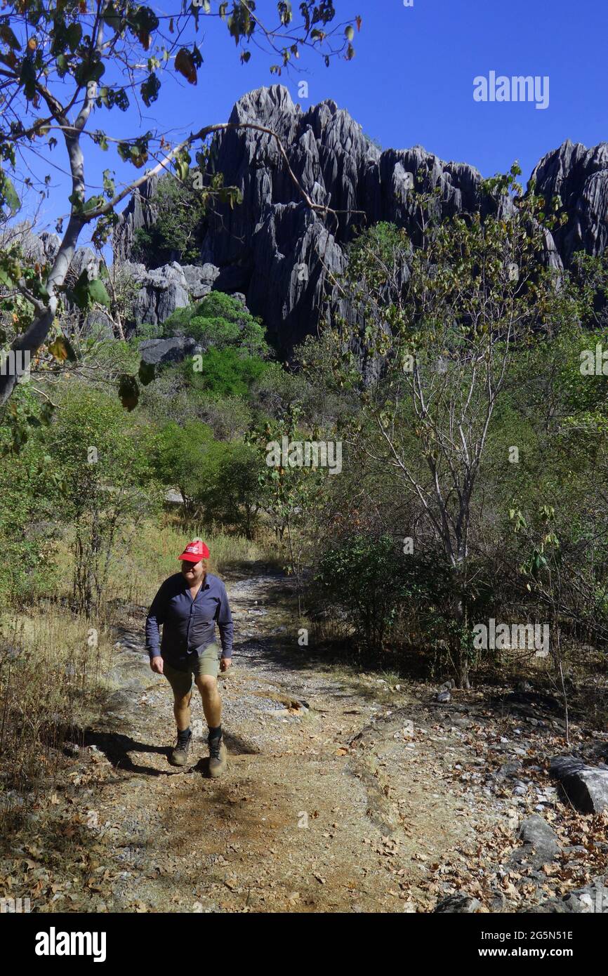 Wanderer auf der Strecke zwischen Karstfelsen, Wakaman Country, Chillago-Mungalla National Park, Queensland, Australien. Nein, MR Stockfoto