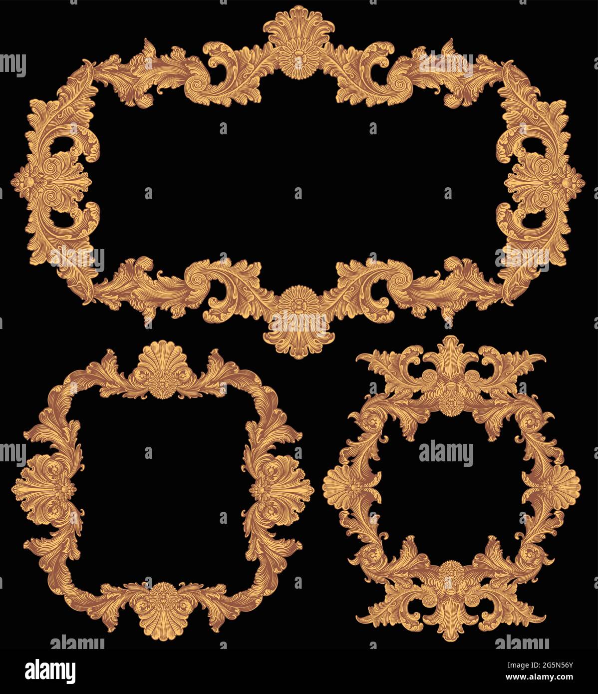 Dekorative Zierrahmen im Vintage-Stil. Design-Set. Editierbare handgezeichnete Illustration. Vektorgravur. Isoliert auf schwarzem Hintergrund. 8 EPS Stock Vektor