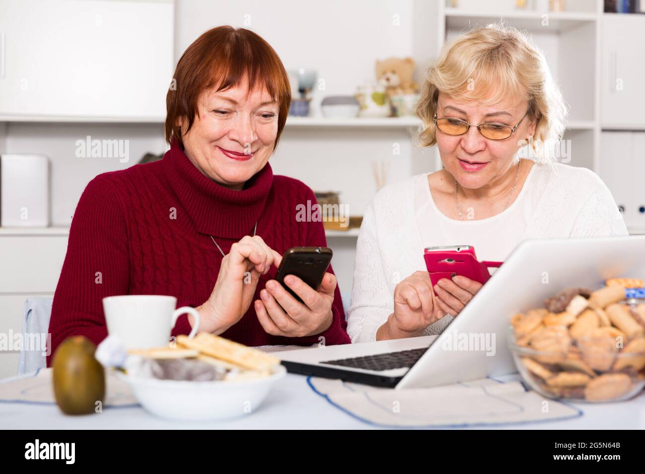 Zwei ältere Frauen mit Laptop und Telefon Stockfoto