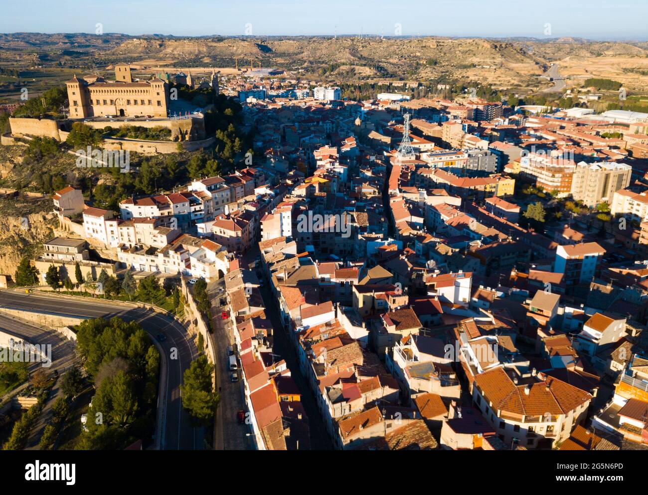 Luftaufnahme des Schlosses von Calatrava, Alcaniz, Spanien Stockfoto