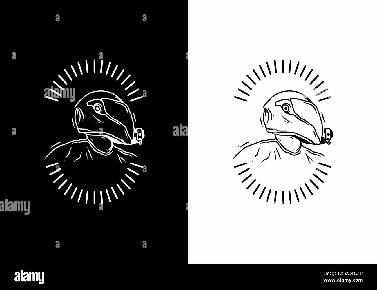 Schwarz-weiße Linie Kunst der motovlog Mann Abzeichen Design Stock Vektor