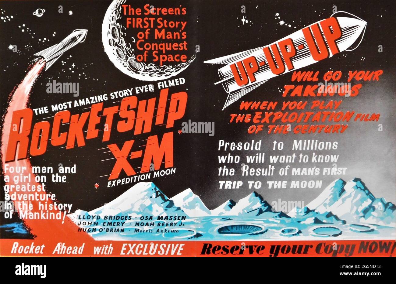 British Trade Ad for LLOYD BRIDGES and OSA MASSEN in ROCKETSHIP X-M : Expedition Moon 1950 Regisseur KURT NEUMANN Geschrieben von Kurt Neumann und Dalton Trumbo (nicht im Kreditverdienst) Kinematographie Karl Struss Lippert Pictures / Exclusive Films Stockfoto