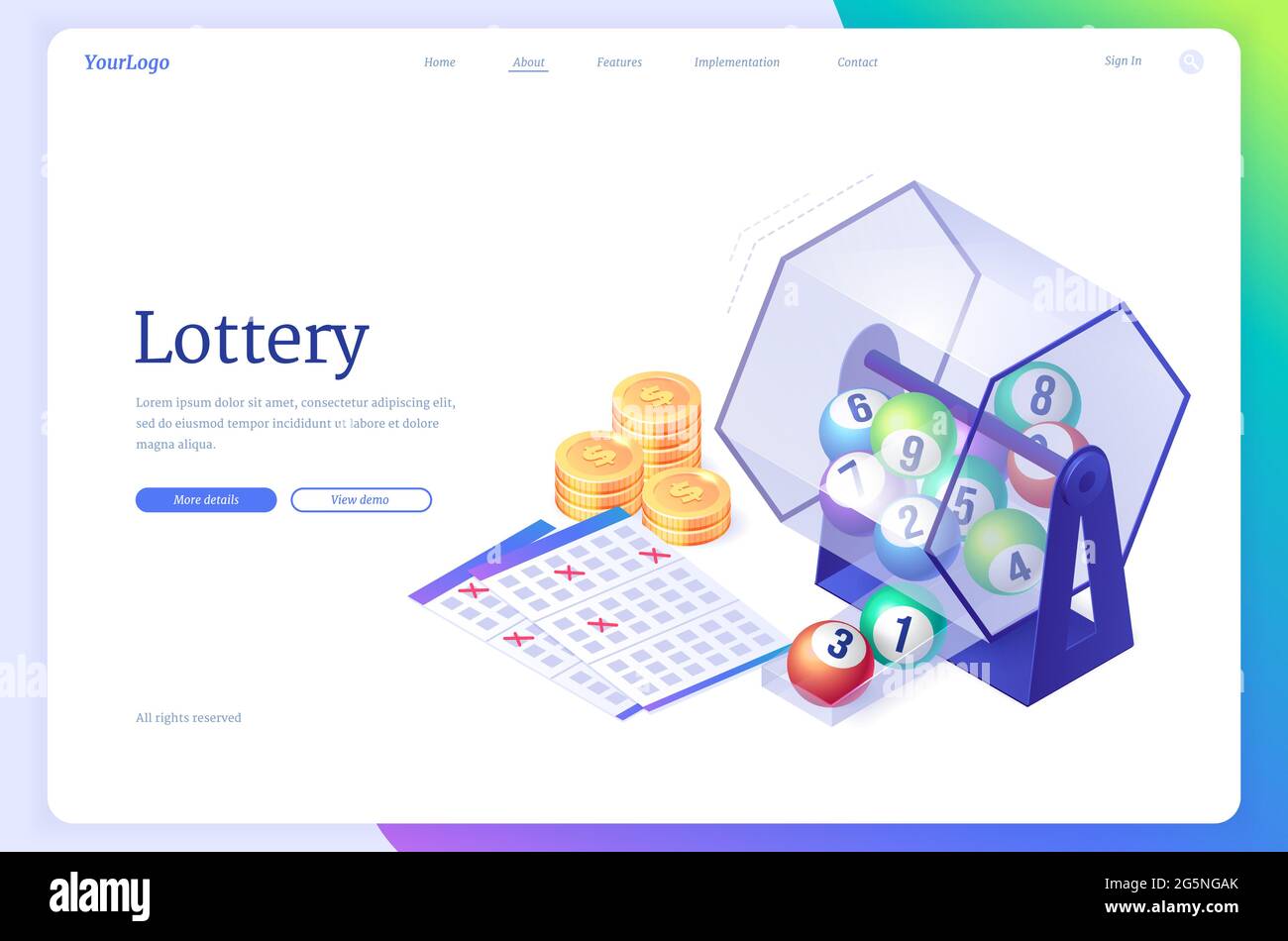 Isometrische Landing Page der Lotterie. Radtrommelmaschine mit Lotto-Kugeln im Inneren, Tickets mit gekreuzten Glückszahlen und Goldmünzen. Sofortiger Gewinn, Internet-Freizeit, Bingo-Glücksspiel, 3d-Vektor-Webbanner Stock Vektor
