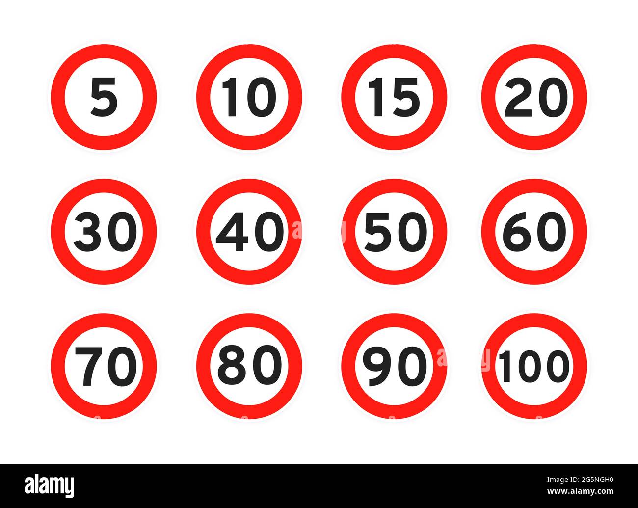 Geschwindigkeitsbegrenzung 5, 10, 15, 20, 30, 40, 50, 60, 70, 80, 90, 100 rund Straße Verkehrssymbol Zeichen flach Stil Design Vektor Illustration Set isoliert auf weißem BA Stock Vektor