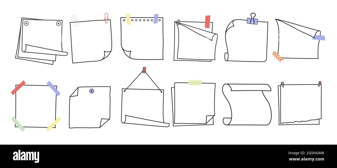 Doodle handgezeichnete Memonotizen und Erinnerungen Vektorgrafik Set. Stock Vektor