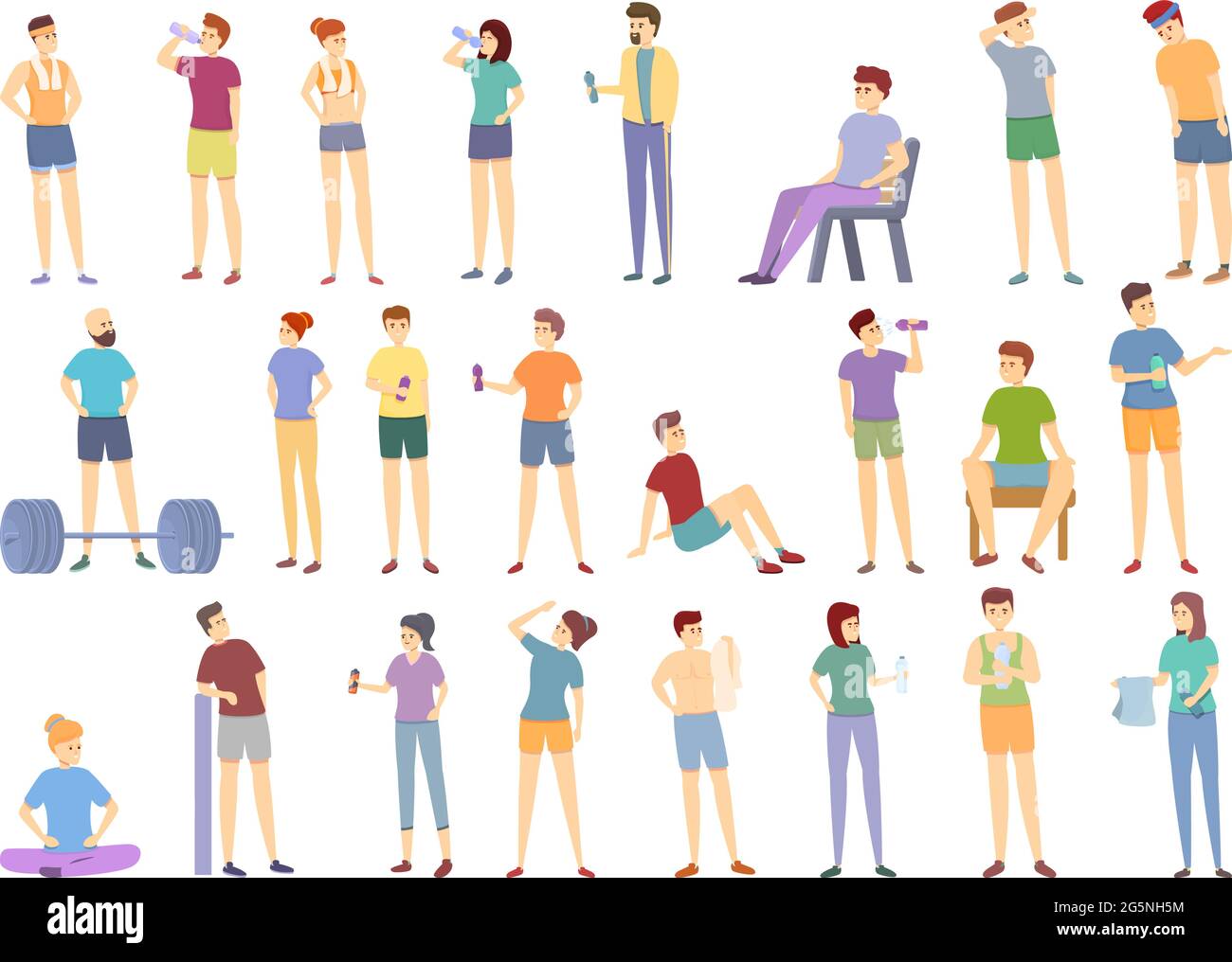 Symbole für ruhende Sportler legen einen Cartoon-Vektor fest. Gelangweilte Athletikpause. Handtuch zum Ausruhen in zwangloser Form Stock Vektor
