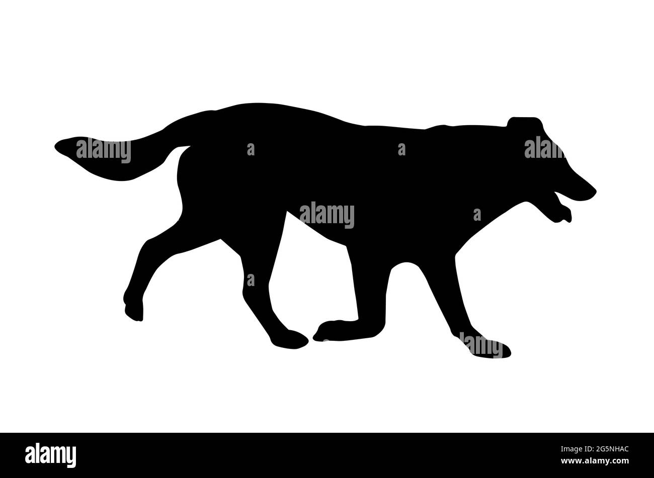 Schwarzes Profil eines Laufhundes. Erwachsene große Hund der gemischten Rasse mit offenem Mund und Zunge heraus ragen. Haustier. Vektorgrafik. Stock Vektor