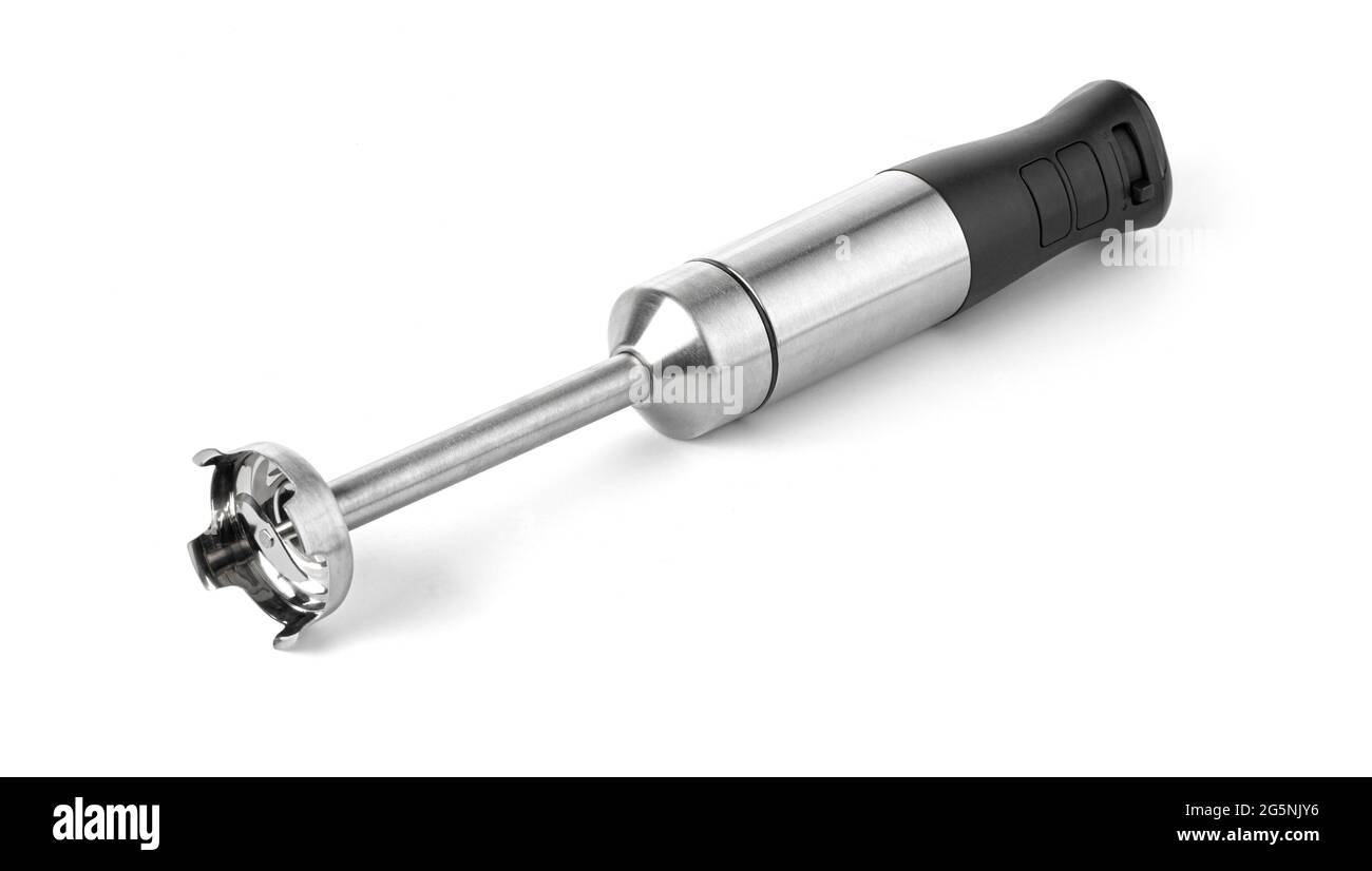 Eintauchhandmixer isoliert auf Weiß. Handmixer Aus Edelstahl. Moderner Küchenmesser. Elektrische Küche Kleine Geräte. Stockfoto