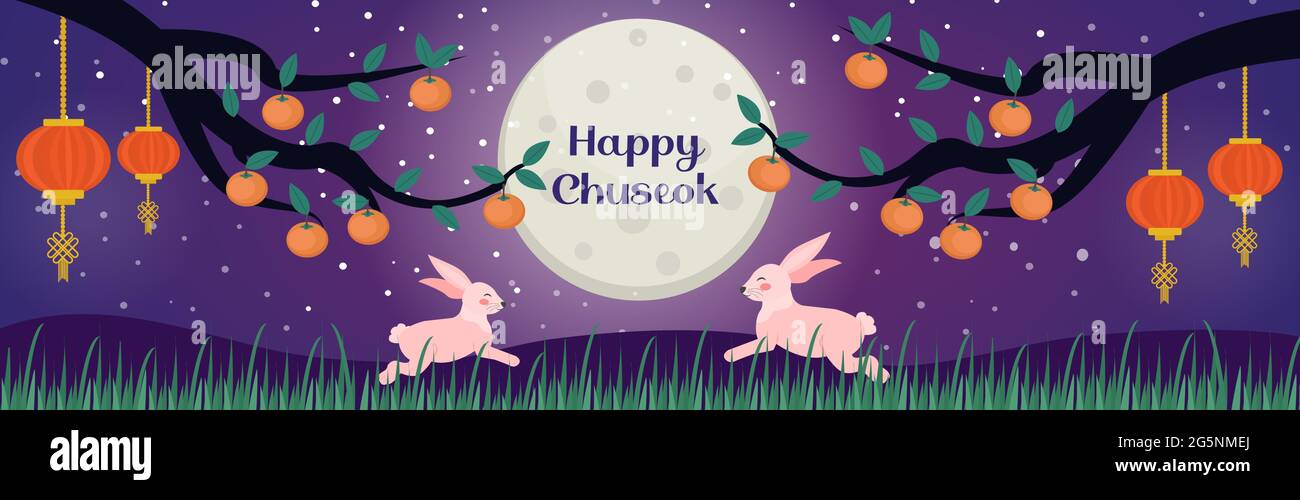 Happy Chuseok, Festivalkarte Mitte Herbst, Poster-Vorlage für Ihr Design. Kakimmons Tree Branch und niedliche Kaninchen auf dem Mondhintergrund, Koreanisch Stock Vektor