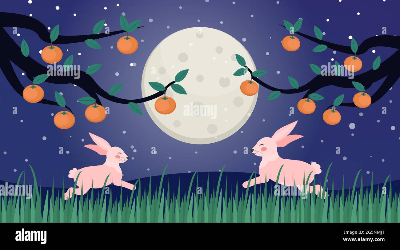 Happy Chuseok, Festivalkarte Mitte Herbst, Poster-Vorlage für Ihr Design. Kakimmons Tree Branch und niedliche Kaninchen auf dem Mondhintergrund, Koreanisch Stock Vektor