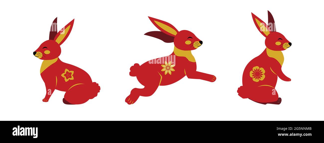 Set von Kaninchen in verschiedenen Posen chinesischen Stil. Bunny auf weißem Hintergrund-Banner. Vektorgrafik Clipart Stock Vektor