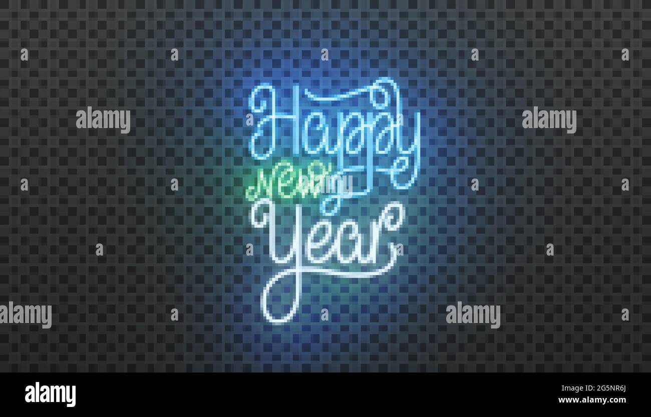 Happy New Year Neon-Schriftzug. Helle Neon-Vektor-Illustration für Silvester 2021 Feier Stock Vektor