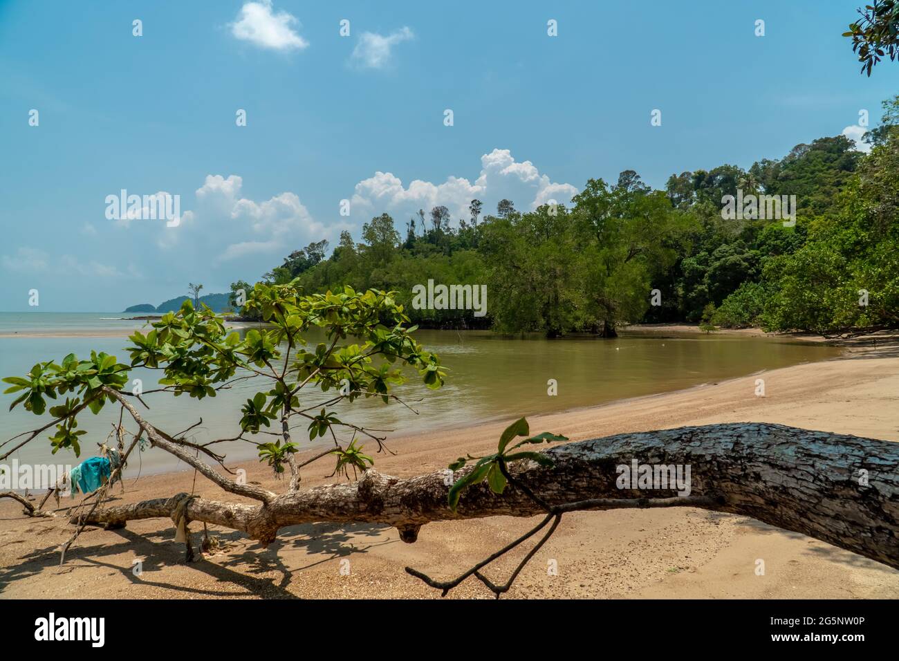 Schöner tropischer Strand mit weißem Sand, Bäumen, türkisfarbenem Meer gegen blauen Himmel mit Wolken am sonnigen Sommertag. Szenische Landschaft Hintergrund für rel Stockfoto