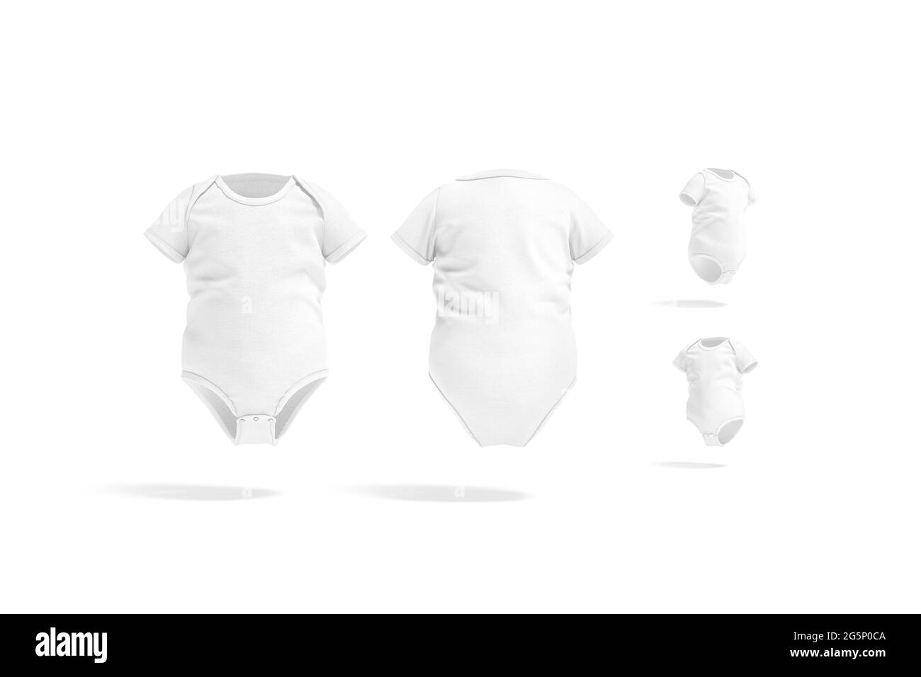 Weißer halbärmelige Babybody, Mockup, verschiedene Ansichten Stockfoto