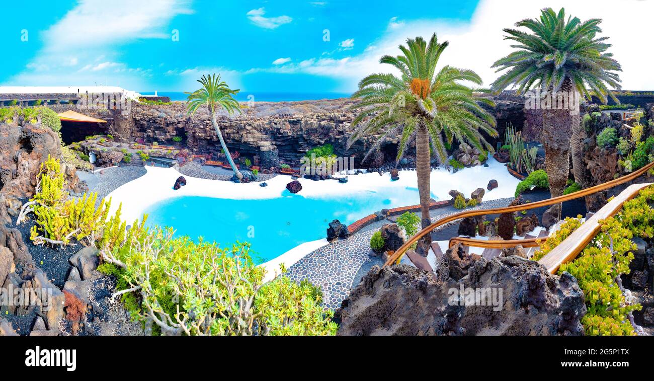 Äußere Jameos del Agua Pool, Lanzarote, Kanarische Inseln, Spanien.Lanzarote, Kanarische Inseln, Spanien. Stockfoto