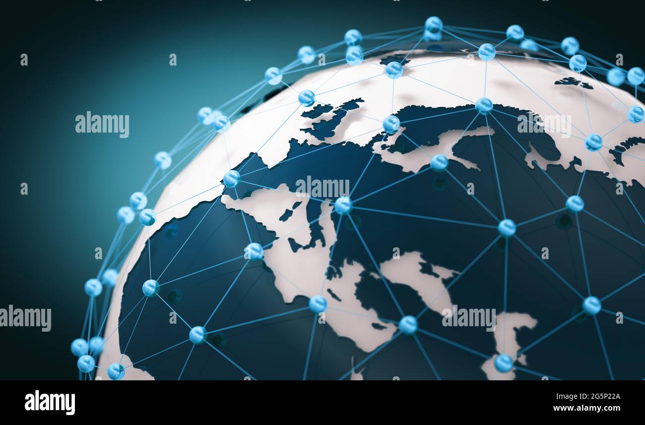 3D Illustration und Konzept der internationalen Logistik von Vereinbarungen und internationalen Geschäften. Netzwerke und Unternehmen auf der ganzen Welt.Weltkarte Stockfoto