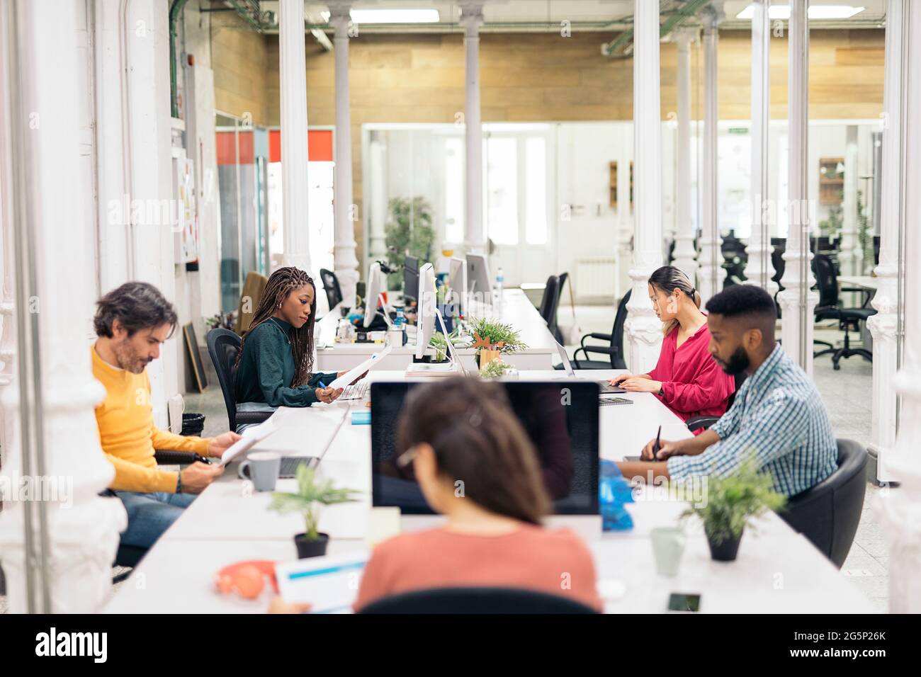 Multikulturelle Büroangestellte, die auf einem großen Schreibtisch sitzen und selbstständig arbeiten. Co-Working-Konzept. Stockfoto